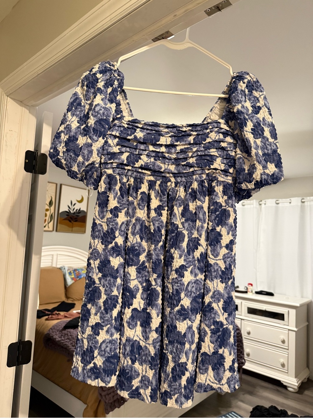 Abercrombie & Fitch Blue and Cream Smocked Floral Top